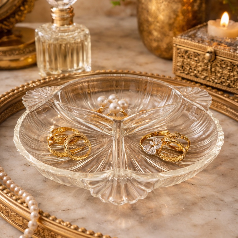 🪭Vintage Hazel Atlas “Ridge Fan” 3-Section Relish/trinket – 7x7 Clear glass